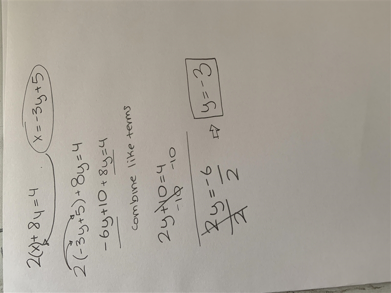 2x+8y=4. x=−3y+5. substitution method-example-1