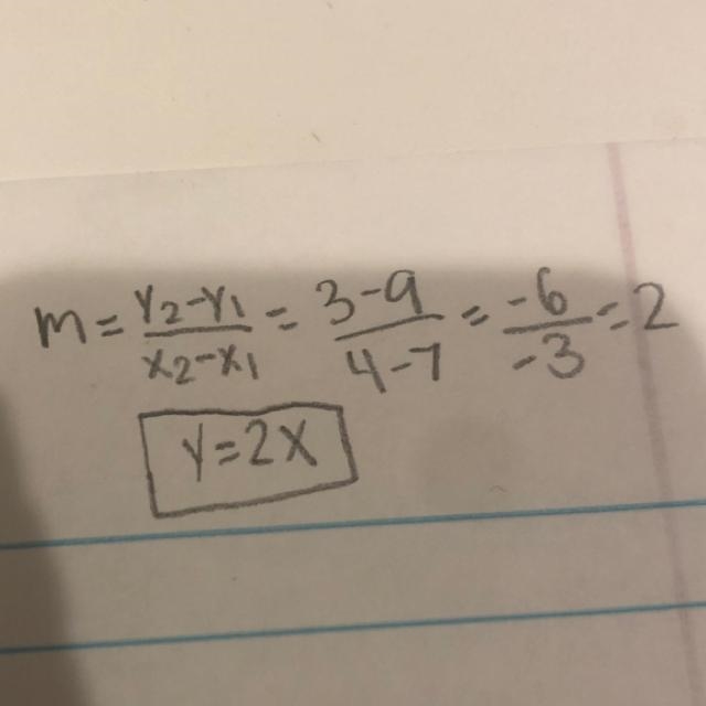 A line passes through the points (7,9) and (4,3). What is it’s equation in slope-intercept-example-1