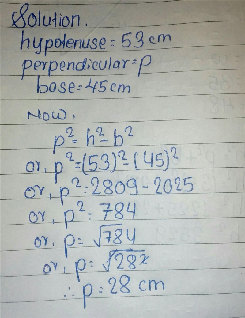 If r = 45 cm and q = 53 cm, what is the length of p? A. 28 cm B. 26 cm C. 70 cm D-example-1