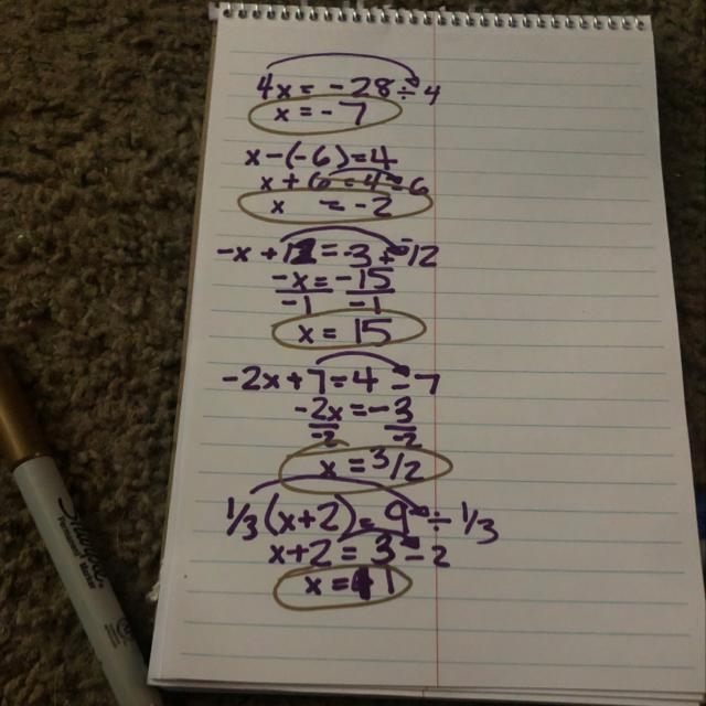 Solving for X 4x = -28 X-(-6)=4 -x+12=-3 -2x+7=4 1/3(x+2)=9-example-1