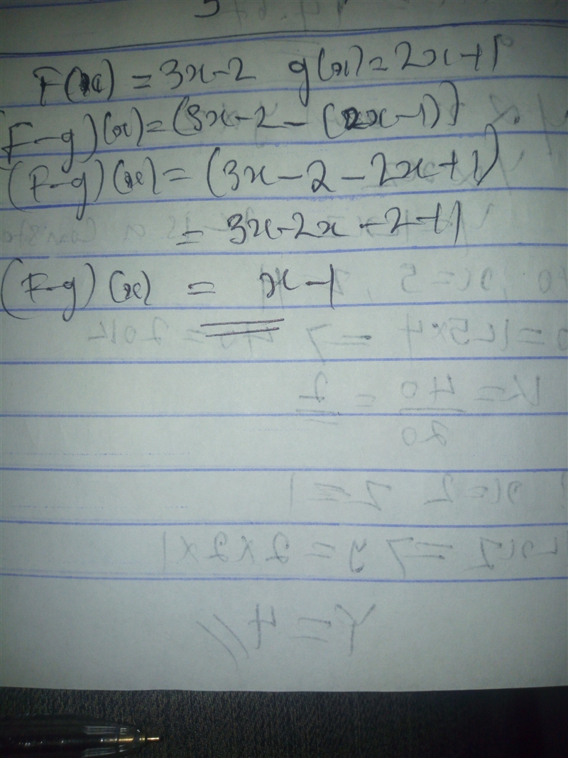 If f(x)=3x-2 and g(x)=2x+1 find (f-g) (x)-example-1