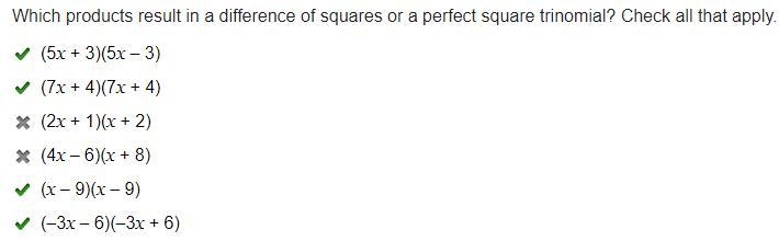 Which products result in a difference of squares or a perfect square trinomial? Check-example-1