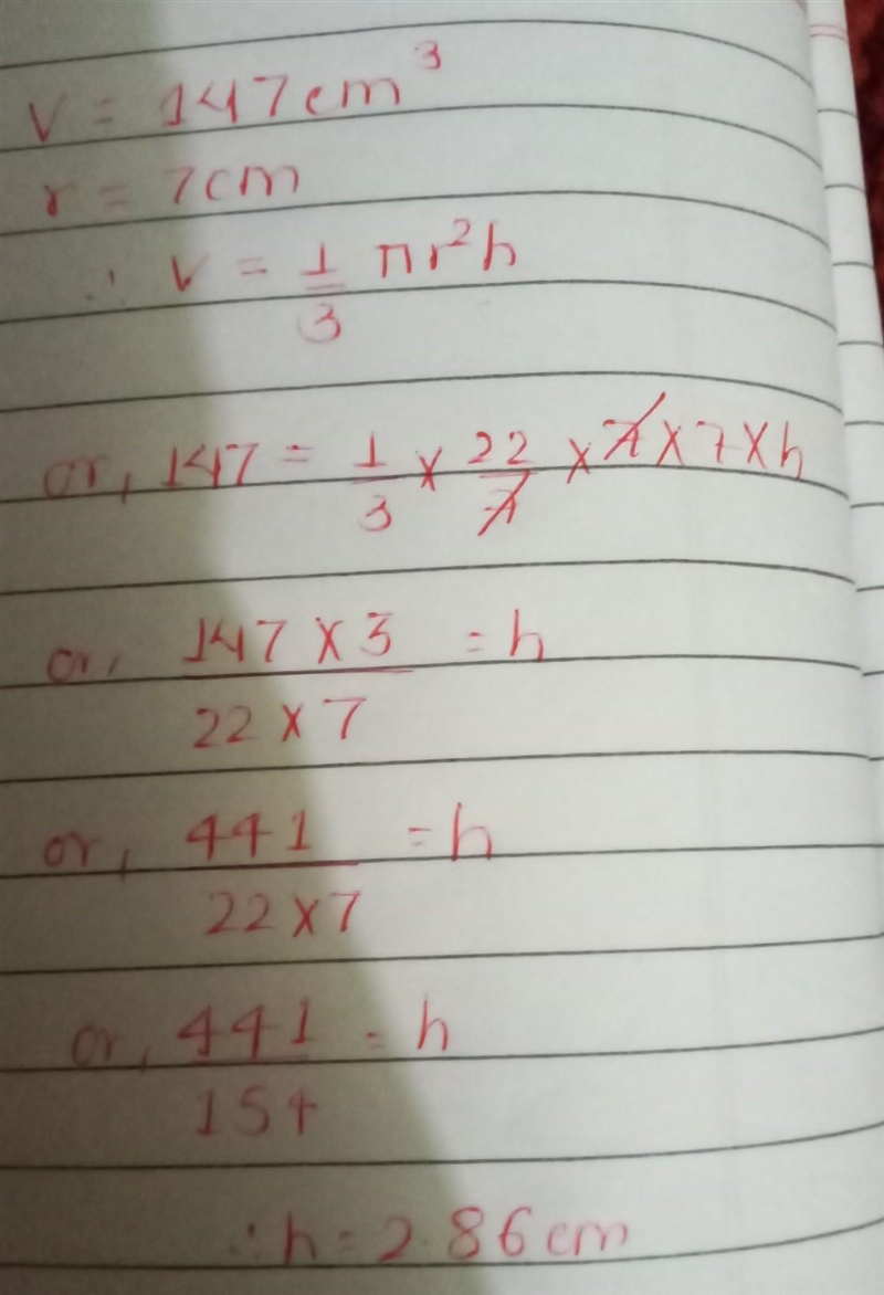 The volume of a cone with a radius of 7 cm is 147x cubic centimeters. Which expression-example-1