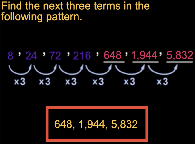 Find the next 3 terms in each sequence 1). 8, 24, 72, 216.... ____, ______, _____,-example-1