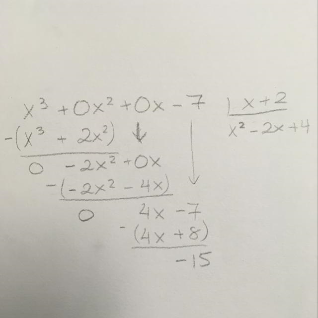 What is the result of dividing x3−7 by x + 2? A) x2−2x+4−15x+2 B) x2−2x+4+1x+2 C) x-example-1