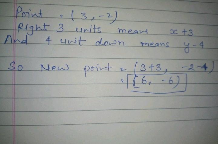 12 points! A point located at (3,-2) is translated right 3 units and down 4 units-example-1