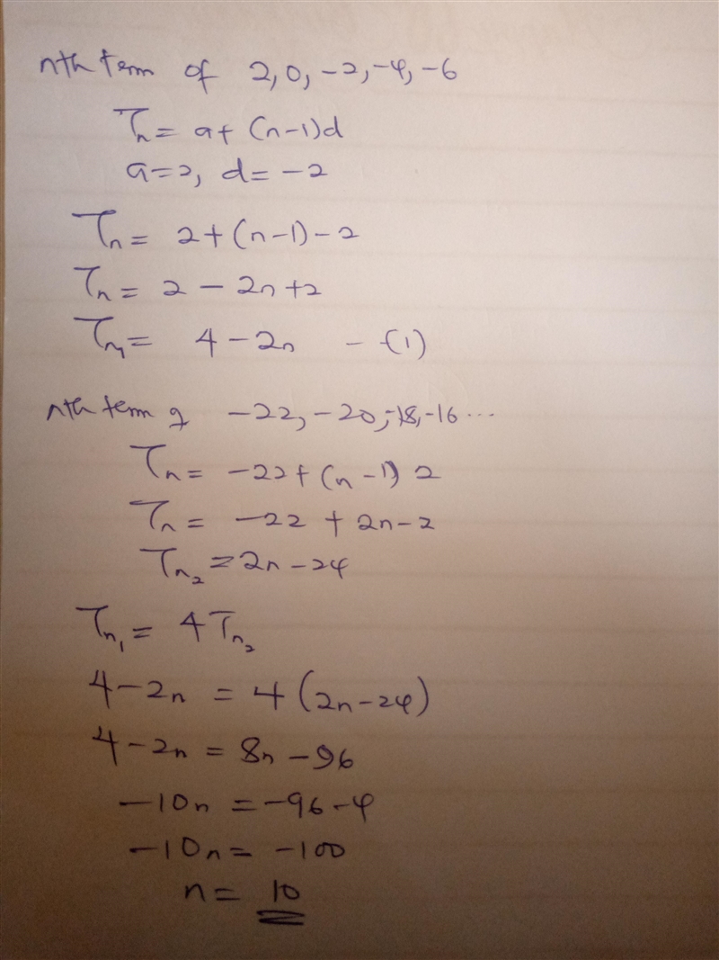 The nth term of the sequence 2, 0, -2, -4, -6, ... is 4 times the nth team sequence-example-1