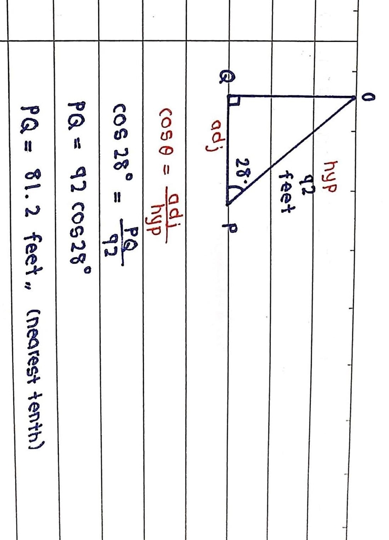 In ΔOPQ, the measure of ∠Q=90°, the measure of ∠P=28°, and OP = 92 feet. Find the-example-1