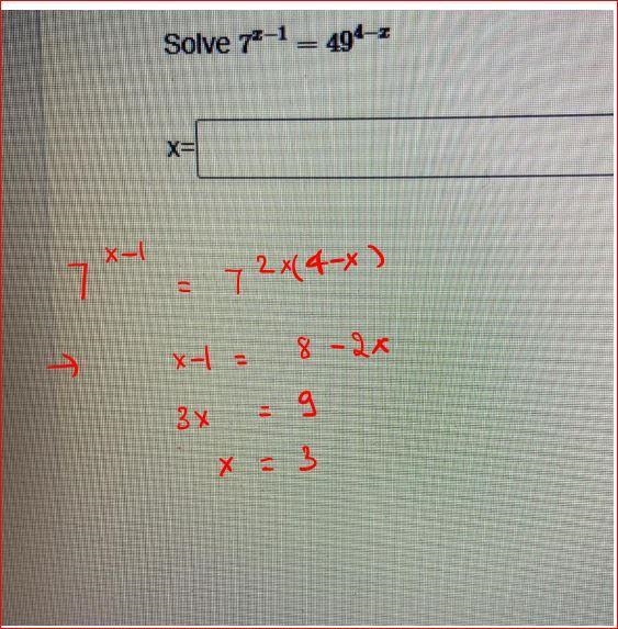 Solve 7^ x-1 = 49 ^4-x-example-1