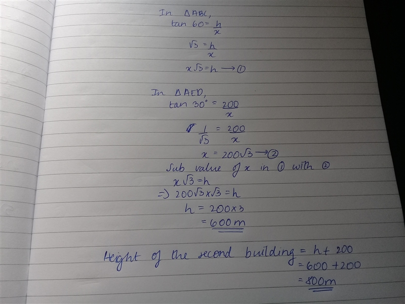 Trigonometry problem 1. From The Top of a 200 meters High Building The Angle of depression-example-2