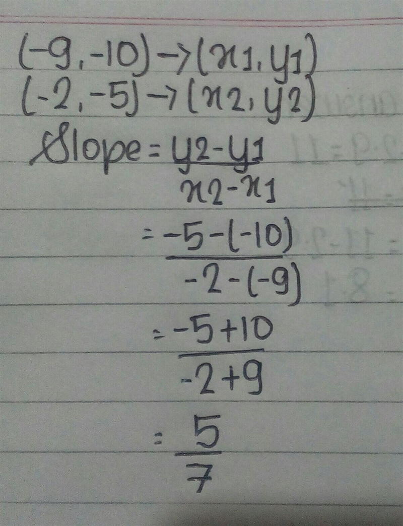 Find the slope of the line through (-9,-10) and (-2,-5). A. -5/7 B. 7/5 C. 5/7 D.-7/5 Just-example-1