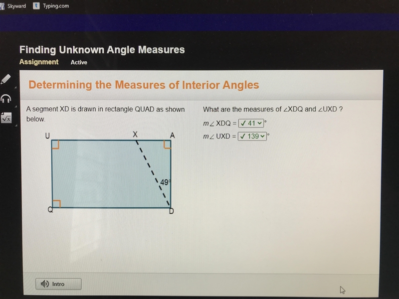 A segment XD is drawn in rectangle QUAD as shown below. What are the measures of &lt-example-1