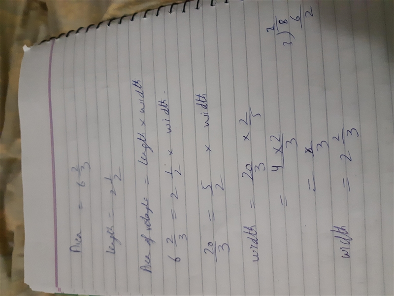 if a rectangle has an area of 6 2/3 and a length of 2 1/2 inches what is the width-example-1