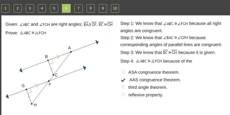 Given: Angle A B C and Angle F G H are right angles; Line segment B A is parallel-example-1