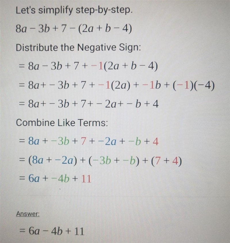 Which expression is equivalent to (8a-3b+7)-(2a+b-4)? 6a-2b+11 6a-4b+3 6a-2b+3 6a-example-1