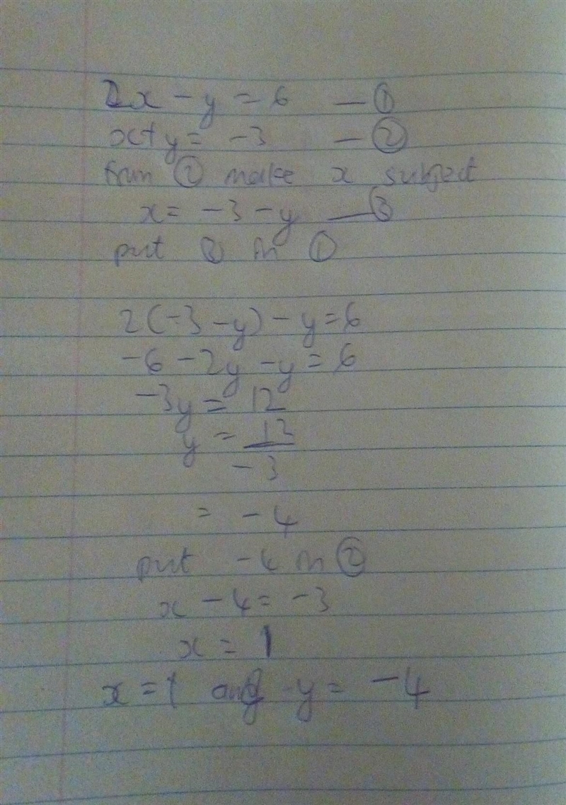 Solve the system of equation 2x-y= 6 x+y= -3-example-1