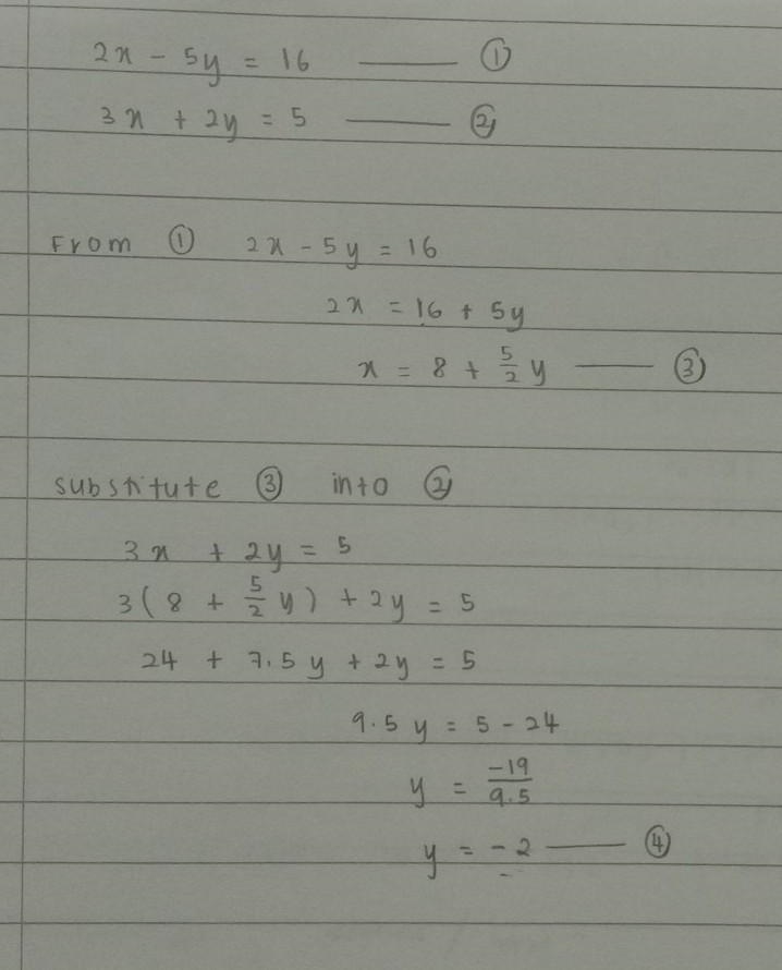 2x − 5y = 16 3x + 2y = 5 can you also explain how you did it. Thanks :)-example-1