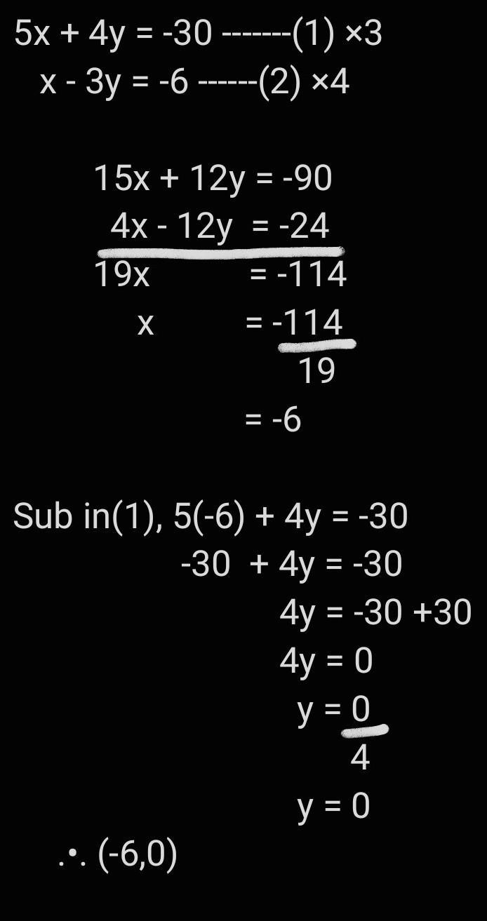 Solve the following system of equations using the elimination method. 5x + 4y = –30 x-example-1