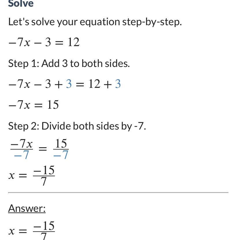 How do i solve -7x - 3 = 12-example-1