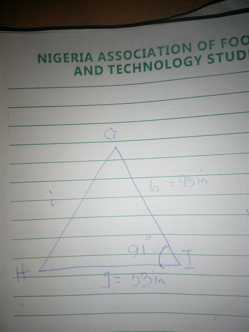 In ΔGHI, g = 53 inches, h = 93 inches and ∠I=91°. Find the length of i, to the nearest-example-1