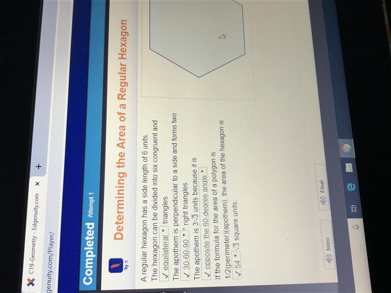 A regular hexagon has a side length of 6 units. The hexagon can be divided into six-example-1