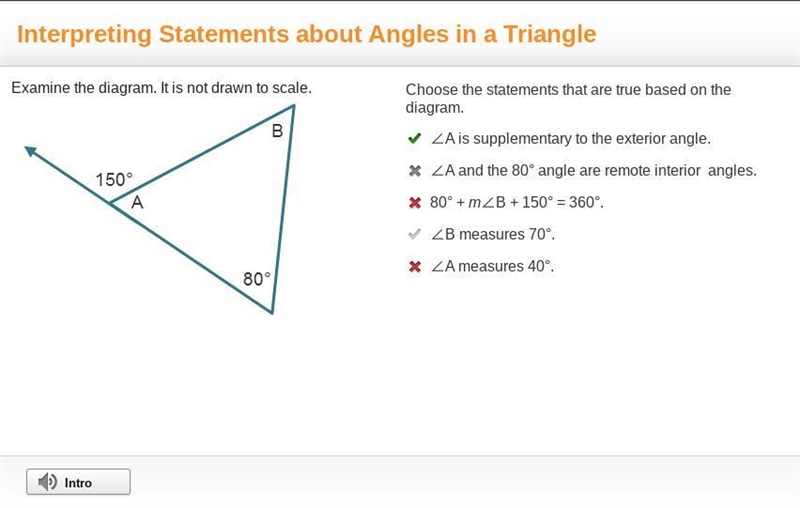 Examine the diagram. It is not drawn to scale. A triangle has angles A, B, 80 degrees-example-1