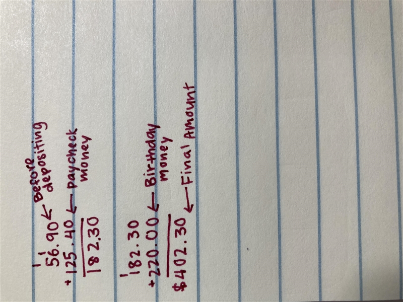 Frank had a checkbook balance of $56.90 before depositing $125.40 from a paycheck-example-1