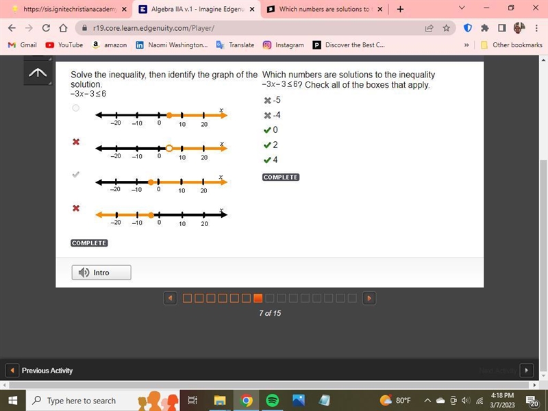 Which numbers are solutions to the inequality -3x-3<_6? Check all of the boxes-example-1