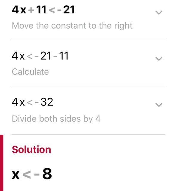 Find the solution set of the inequality: 4x + 11 < -21 I NEED HELP!!!!!!!!!!-example-1