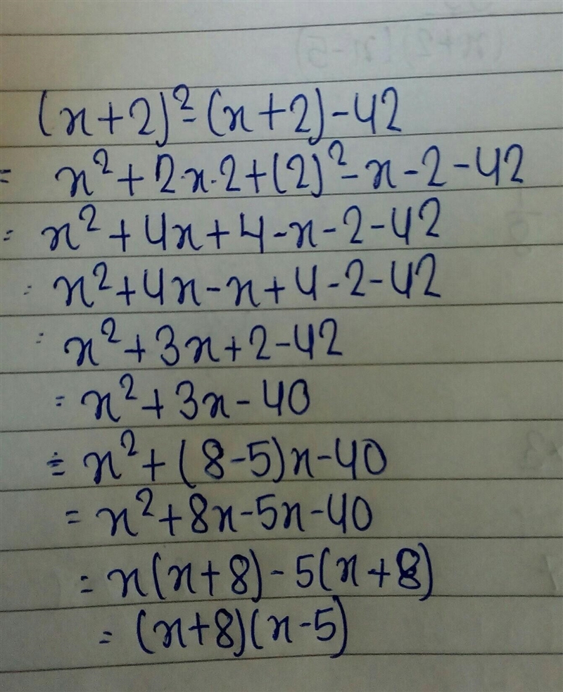 Factor: (x + 2)^2 – (x + 2) – 42-example-1