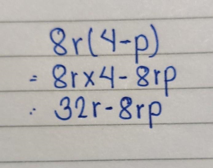 Simplify. 8r(4 - p) 32r -p 32r - 8rp 32 - rp 4 - 8rp-example-1