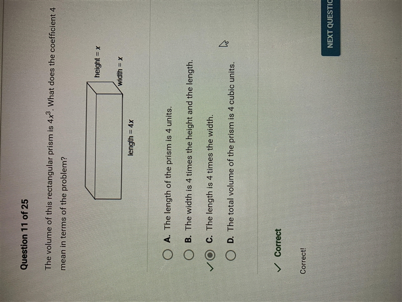 Question 4 of 25 2 Points The volume of this rectangular prism is 4x3. What does the-example-1