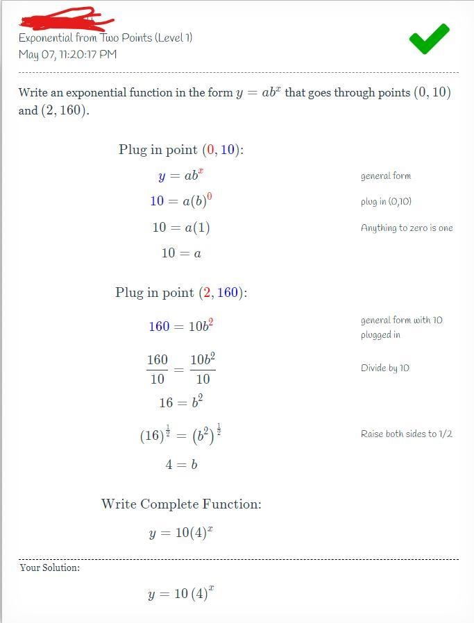 Write an exponential function in the form y = ab^x that goes through points (0,10) and-example-1