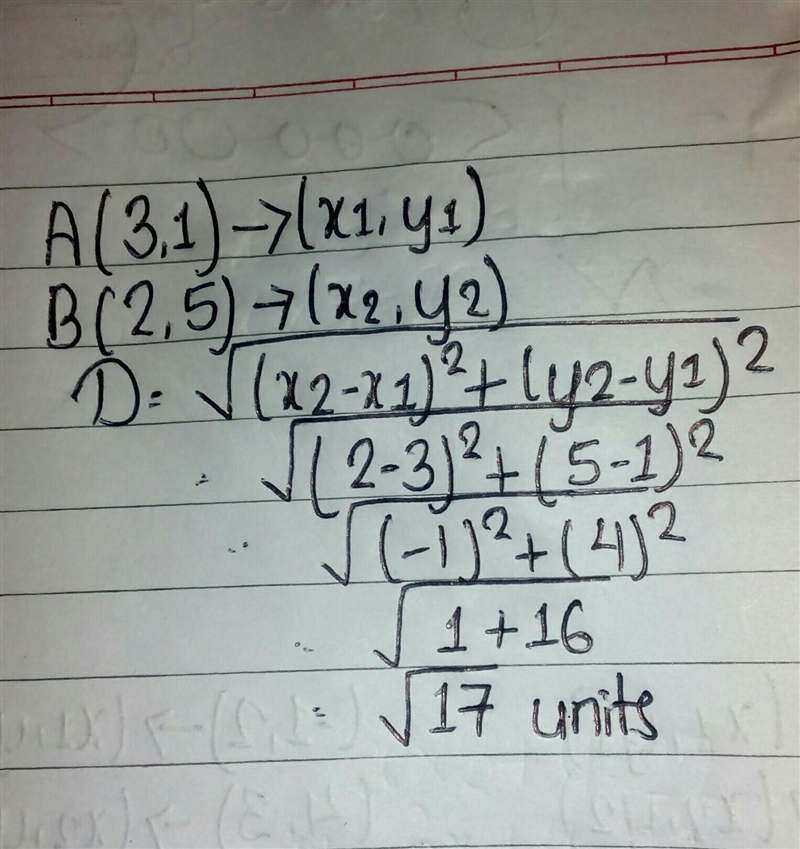 A ( 3,1), B (2,5) FIND THE DISTANCE BETWEEN THE 2 POINTS-example-1