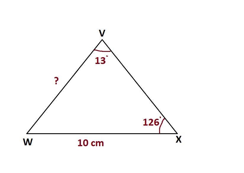 In ΔVWX, x = 10 cm, ∠X=126° and ∠V=13°. Find the length of w, to the nearest 10th-example-1