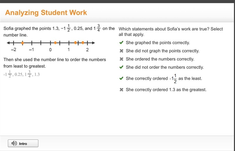 Sofia graphed the points 1.3, −11 2 , 0.25, and 13 4 on the number line. A number-example-1