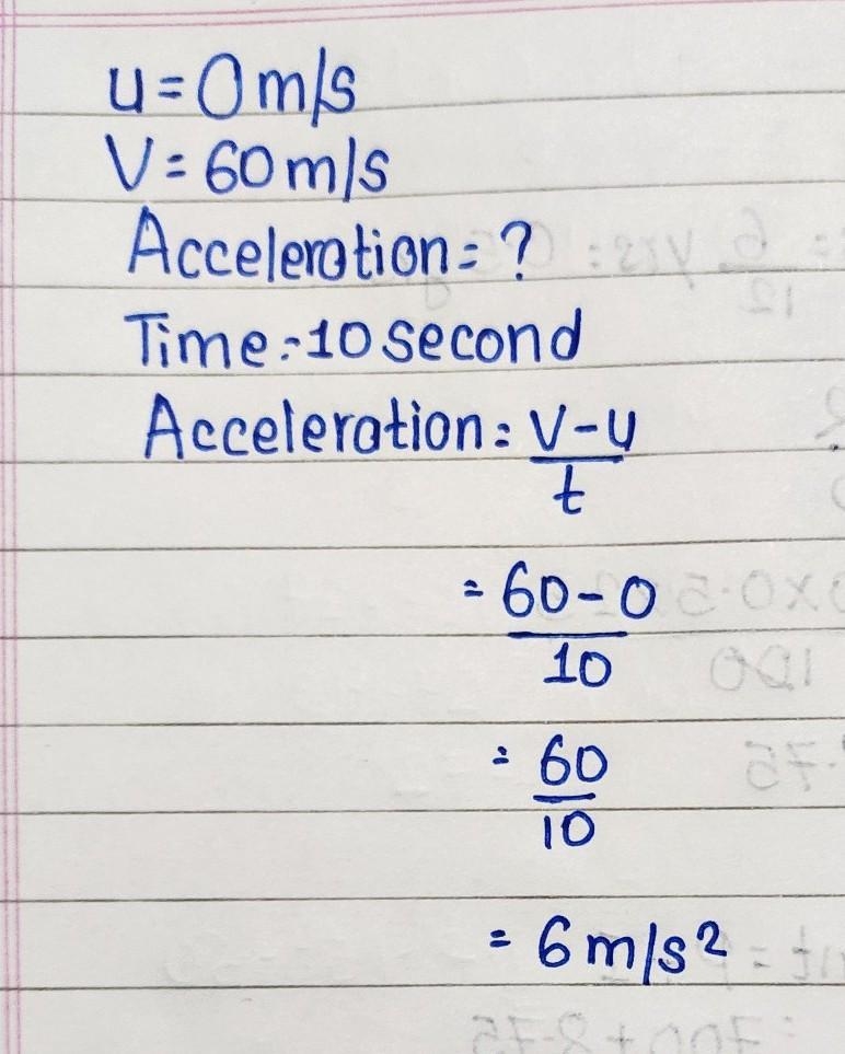 4. An airplane traveling at 60 m/s comes to a stop in 10 seconds. Calculate the airplane-example-1