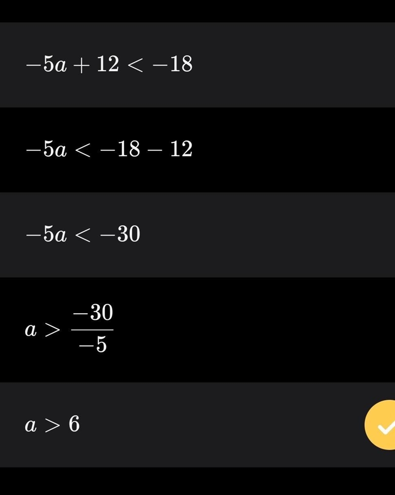 Solve the inequality. −5a + 12 < −18-example-1