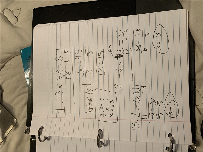 1. 3x - 8 = 37 2. -6x + 13 = 31 3. 2 = -3x + 11 Please help me!-example-1