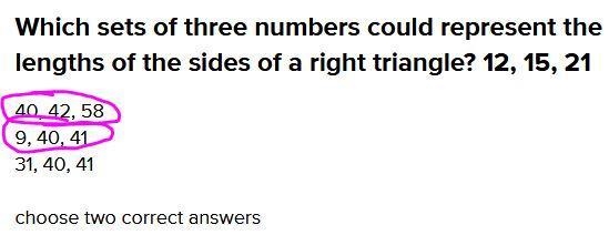 Which sets of three numbers could represent the lengths of the sides of a right triangle-example-1