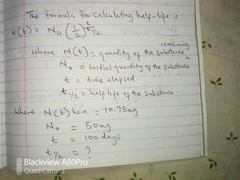 A sample of iron-59 contains 50mg. One hundred days later, the sample contains 10.75 mg-example-1