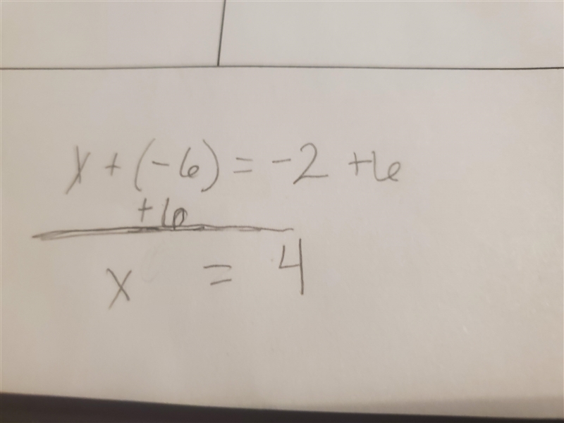 X+(-6)= -2 solve for x and explain your work-example-1