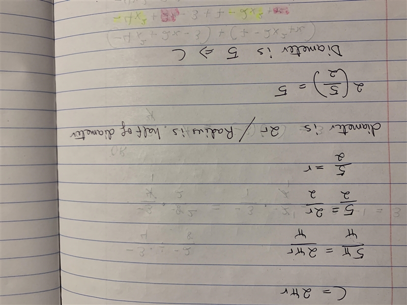 The circumference of a circle is 5(pie). Which of these correctly states the diameter-example-1