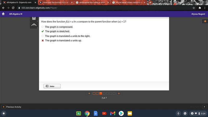 How does the function f(x) = a ln x compare to the parent function when |a| > 1? The-example-1