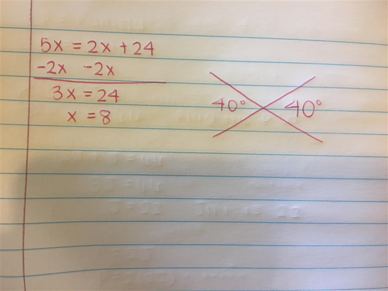 Find the measures of the vertical angles shown. Show all work for full credit.-example-1