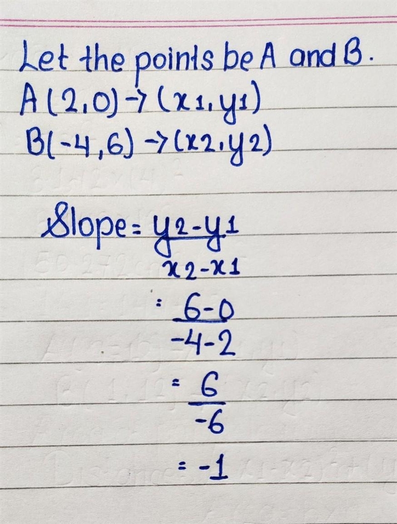 Calculate the slope of the line that goes through the points (2, 0) and (−4, 6)-example-1