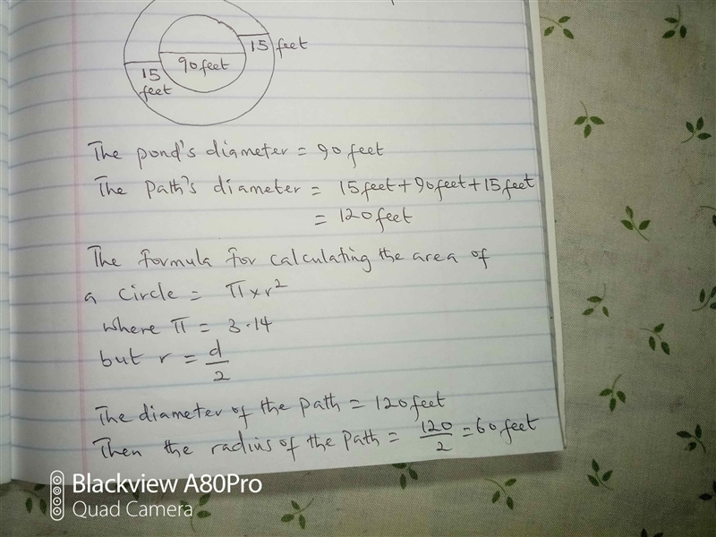 You are designing a circular path surrounding a circular pond. The pond has a diameter-example-1