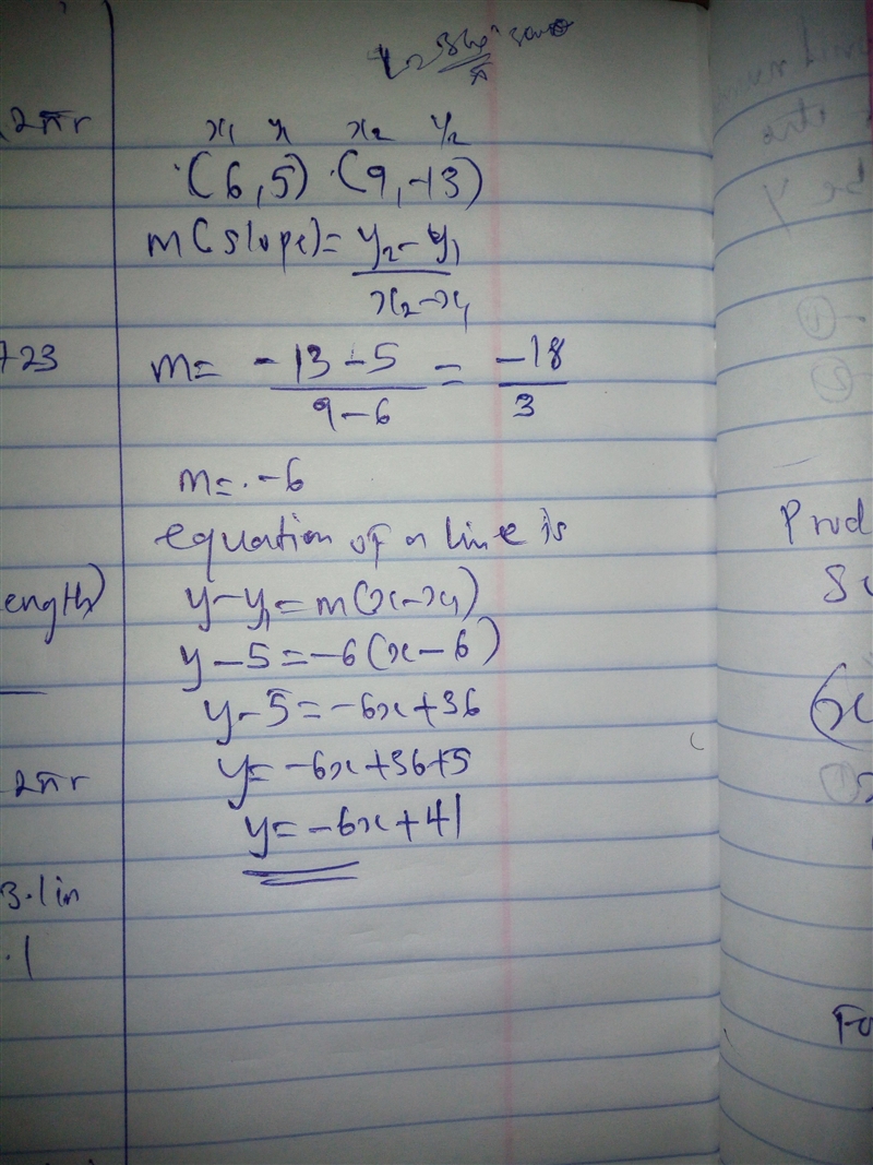 A line passes through (6,5) and (9,-13). Write the equation of the line in standard-example-1