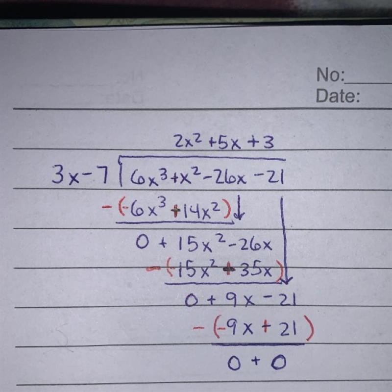 Divide using Long division (6x^3-26x-21+x^2) by (-7+3x)-example-1