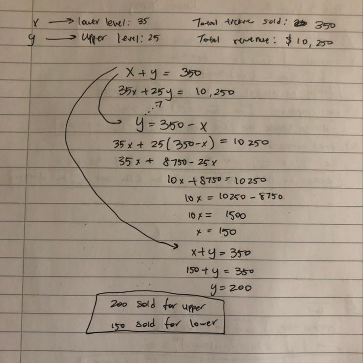 tickets for a lower level seats sell for $35 each and tickets for an upper level seats-example-1